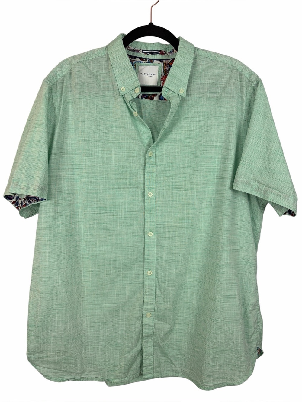 Cactus Man Ricky Singh 100% Cotton Button Down Shirt XL Mint Green Paisley Trim